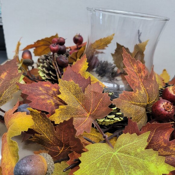 Fall faux leaf berry twigs flower harvest twig ring candle holder table decor - Picture 1 of 5